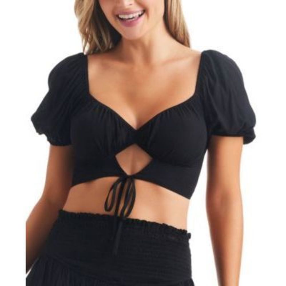 NWT Jessica Simpson Women's Cutout Tie-Front Puff-Sleeve Top